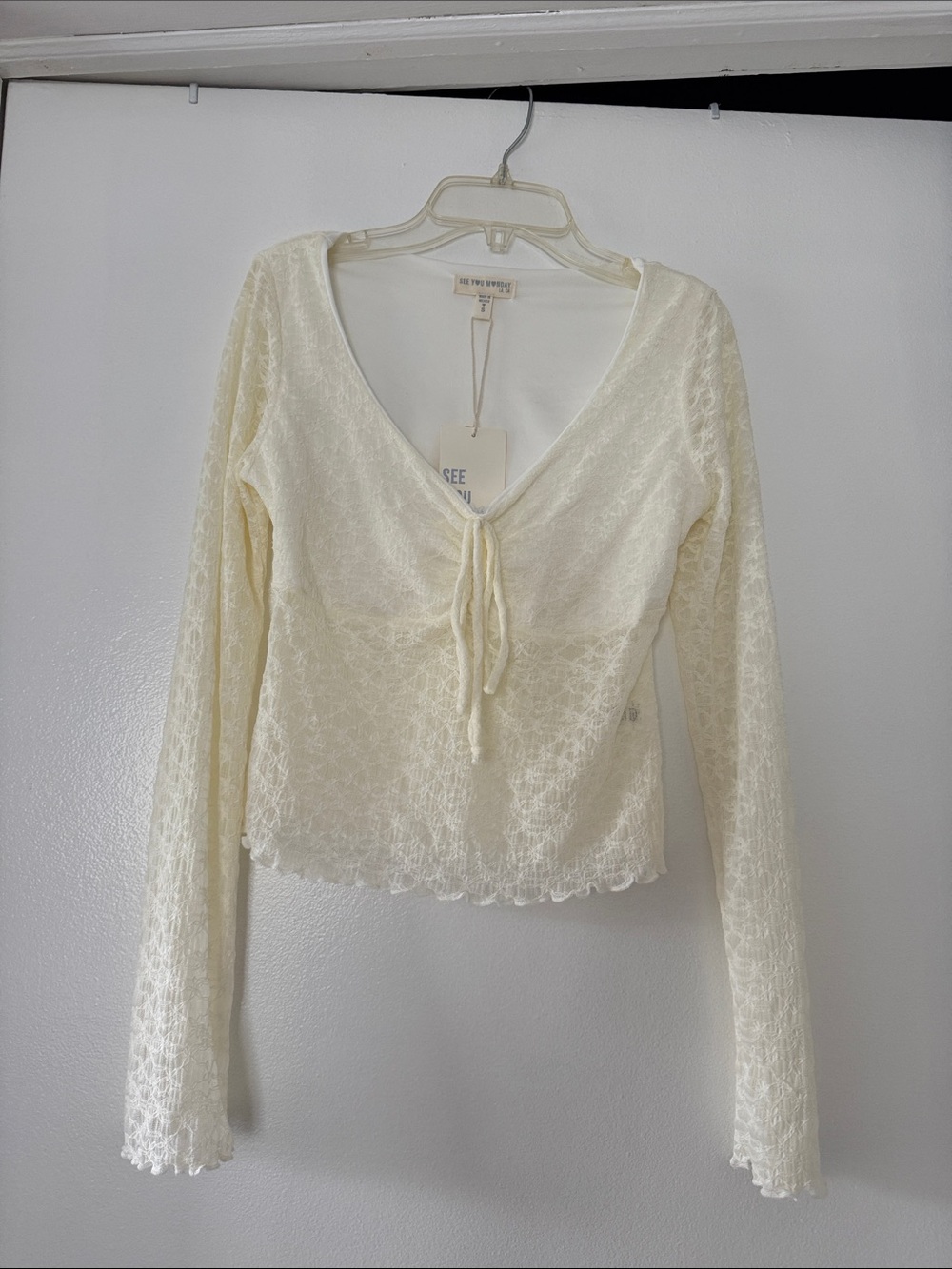 Cream Lace Tie-Front Long Sleeve Top
